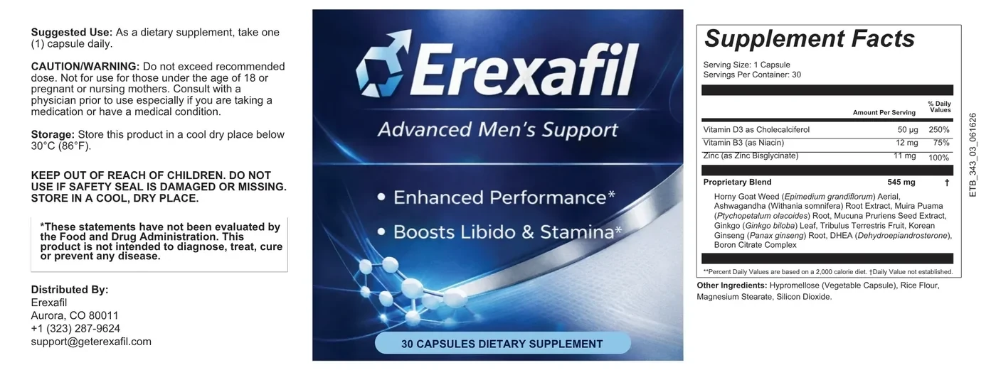 Erexafil bottle label showing suggested use, caution and the Supplement Facts panel